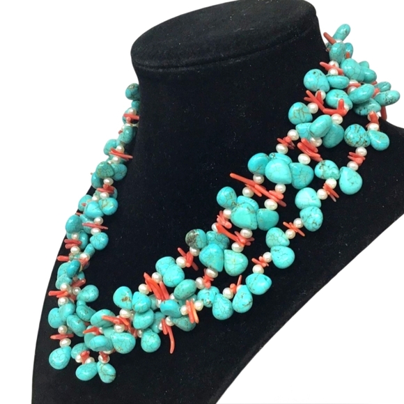 16" Turquoise, Coral & Pearl necklace on 925 Sterling Silver - Picture 2 of 8